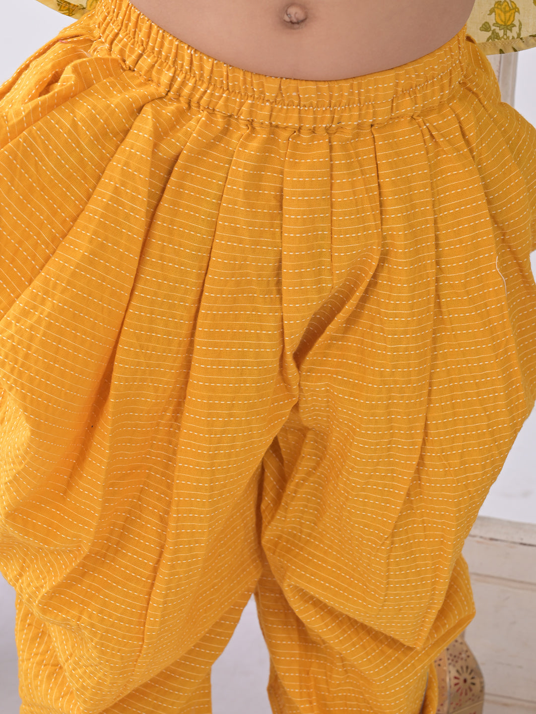 Yellow Floral shirt style Kurti with yellow katha dhoti