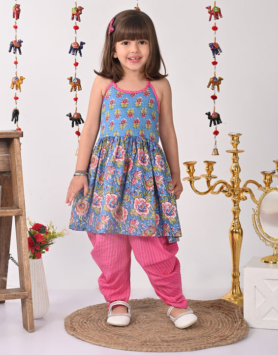 Blue Floral halter style Kurti with pink  dhoti