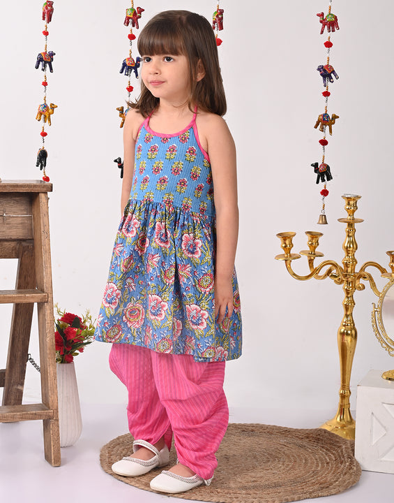 Blue Floral halter style Kurti with pink  dhoti