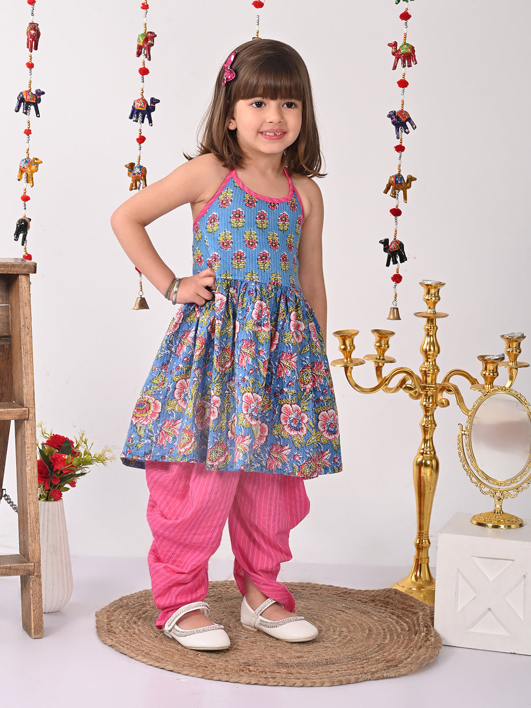 Blue Floral halter style Kurti with pink dhoti