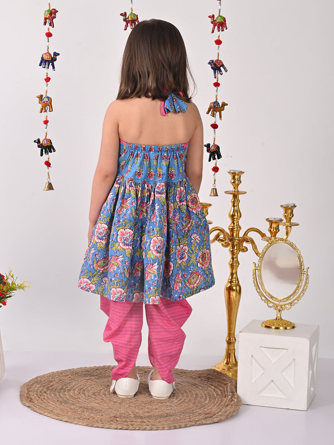 Blue Floral halter style Kurti with pink dhoti