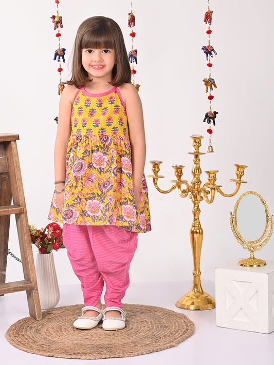 Yellow Floral halter style Kurti with pink dhoti