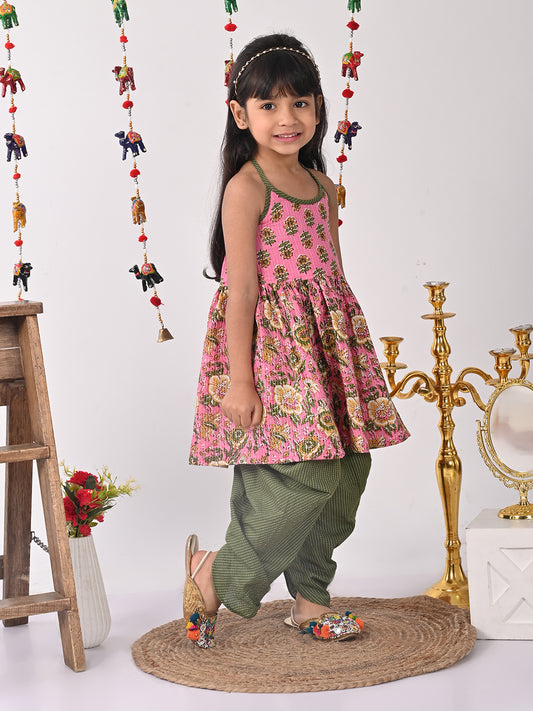 Pink Floral halter style Kurti with green dhoti