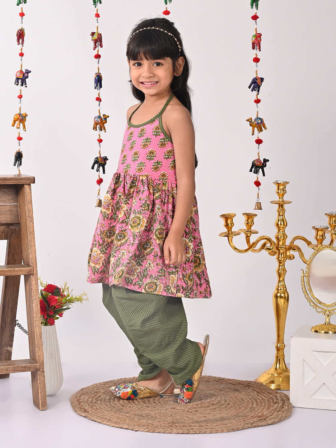 Pink Floral halter style Kurti with green dhoti