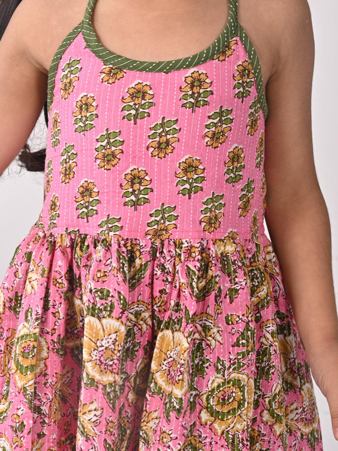 Pink Floral halter style Kurti with green dhoti