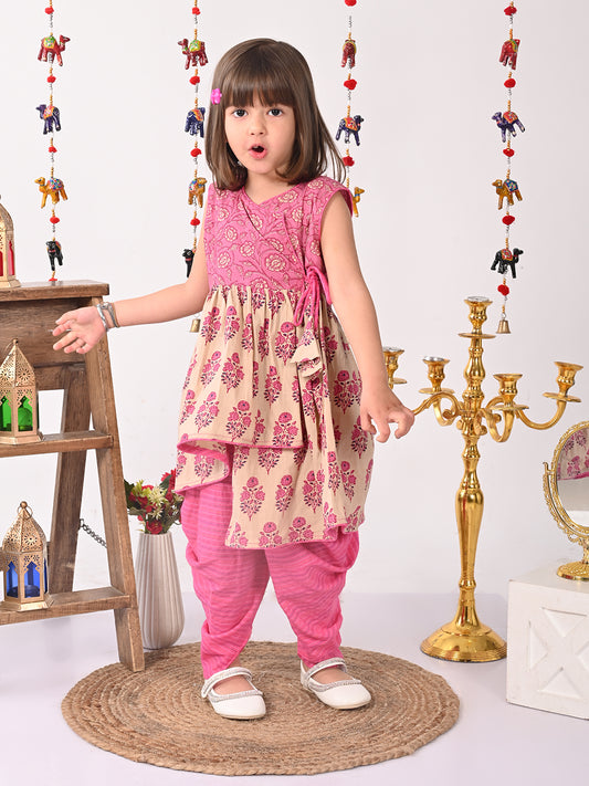Pink and white printed high low Kurti with pink dhoti