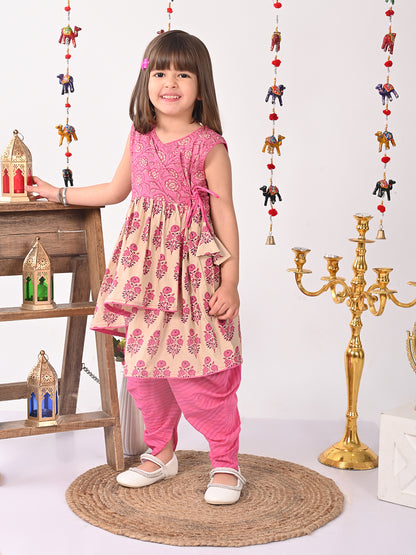 Pink and white printed high low Kurti with pink  dhoti