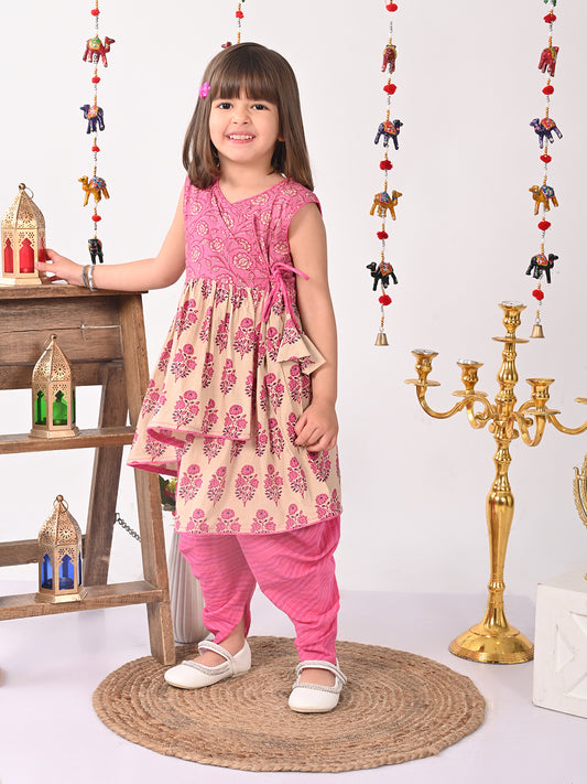 Pink and white printed high low Kurti with pink dhoti