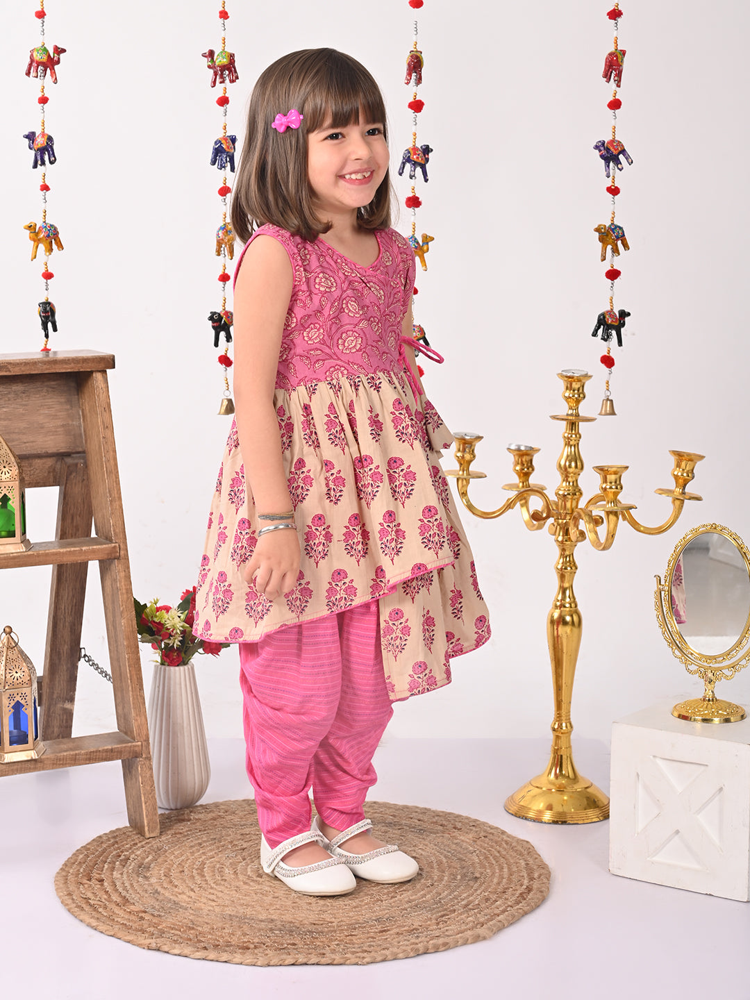 Pink and white printed high low Kurti with pink dhoti