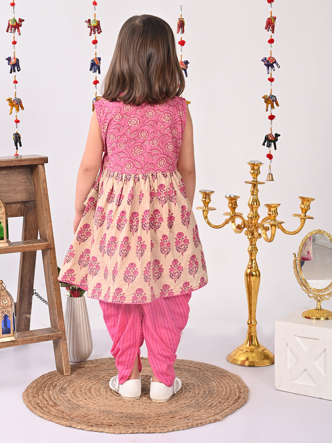 Pink and white printed high low Kurti with pink  dhoti