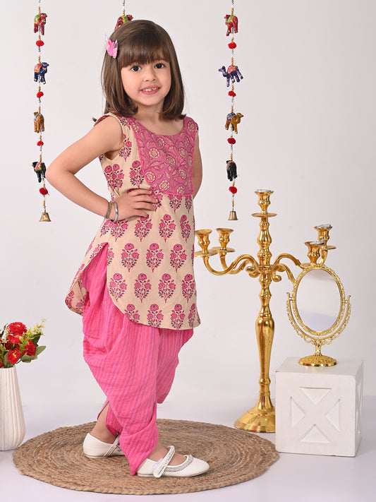 Pink and white printed Kurti with pink dhoti