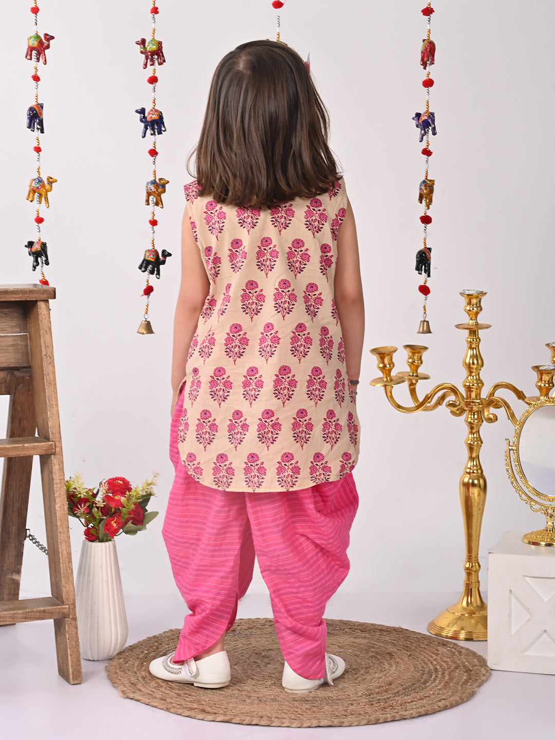 Pink and white printed Kurti with pink dhoti