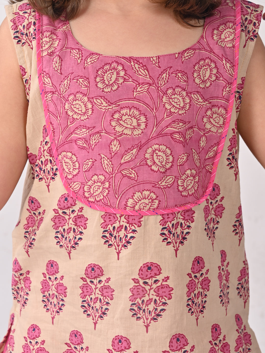 Pink and white printed Kurti with pink dhoti
