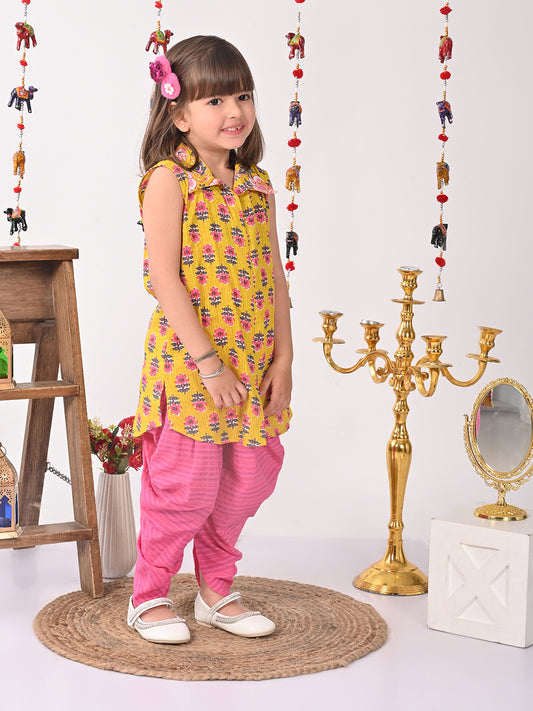 Yellow Floral shirt style Kurti with pink dhoti