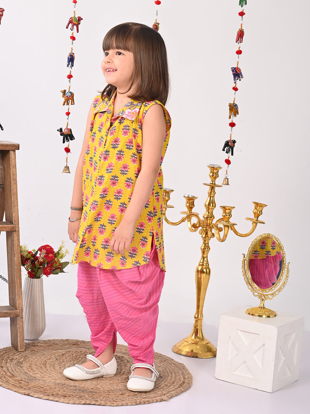 Yellow Floral shirt style Kurti with pink dhoti