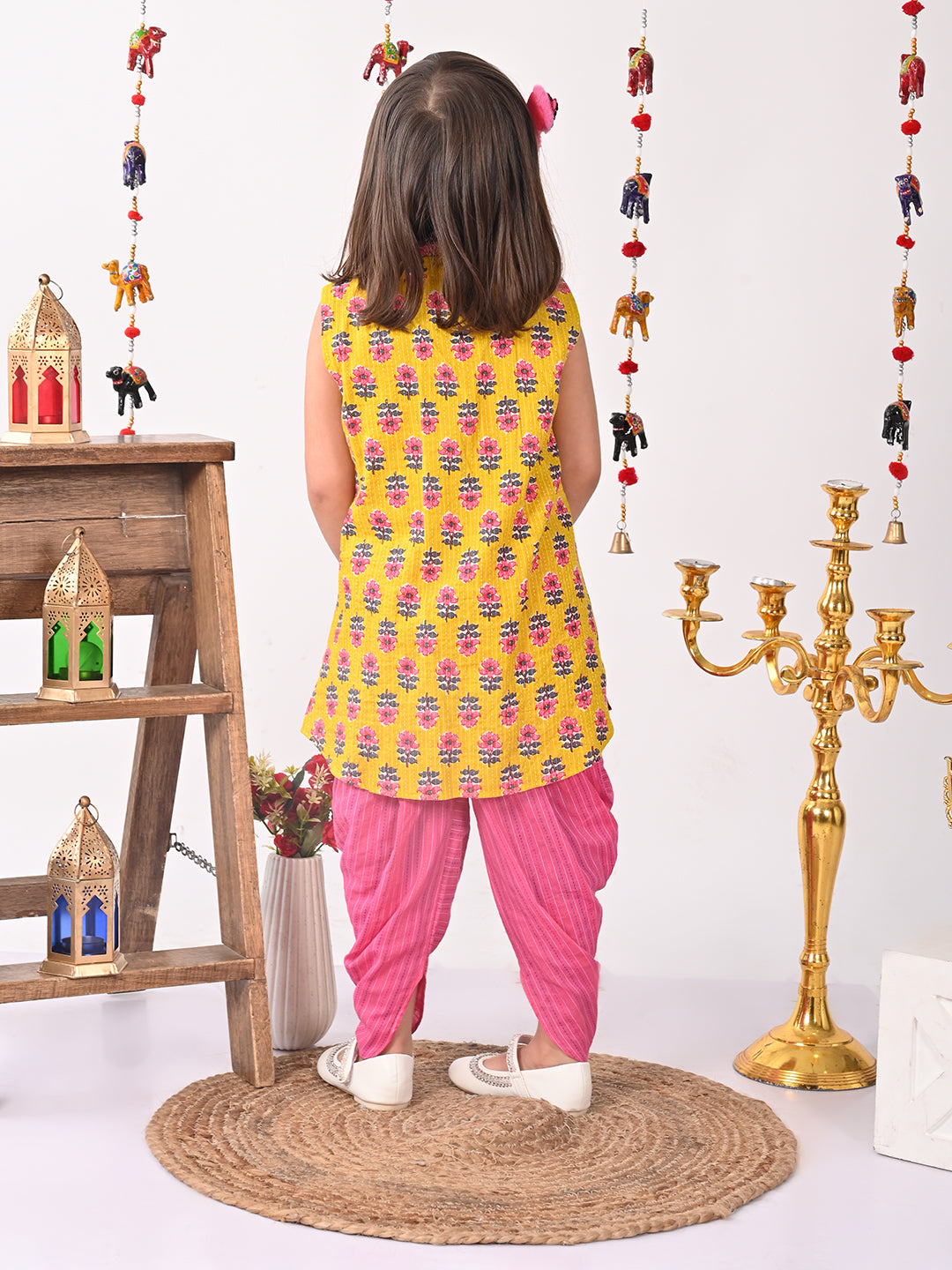 Yellow Floral shirt style Kurti with pink dhoti