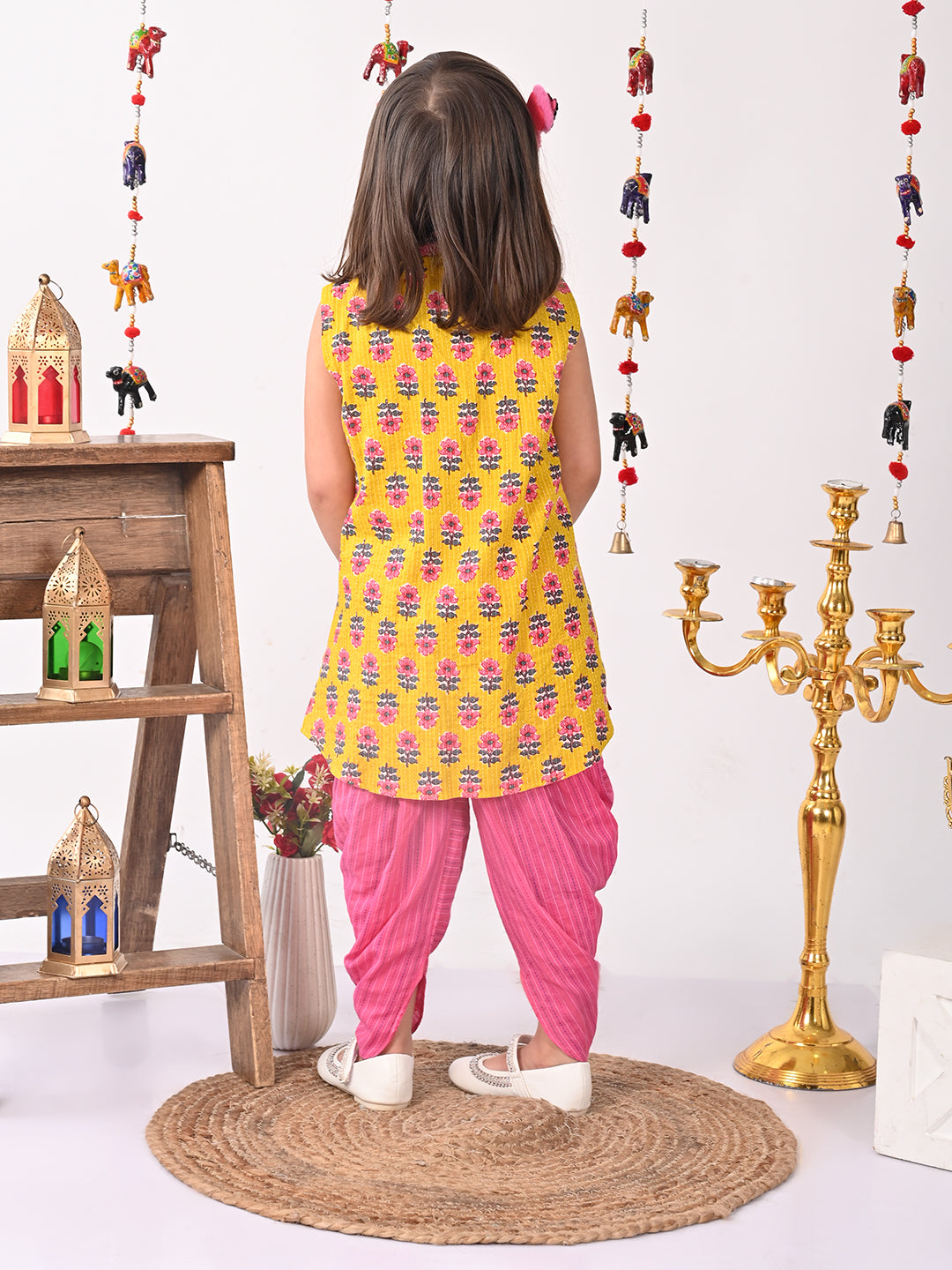 Yellow Floral shirt style Kurti with pink  dhoti