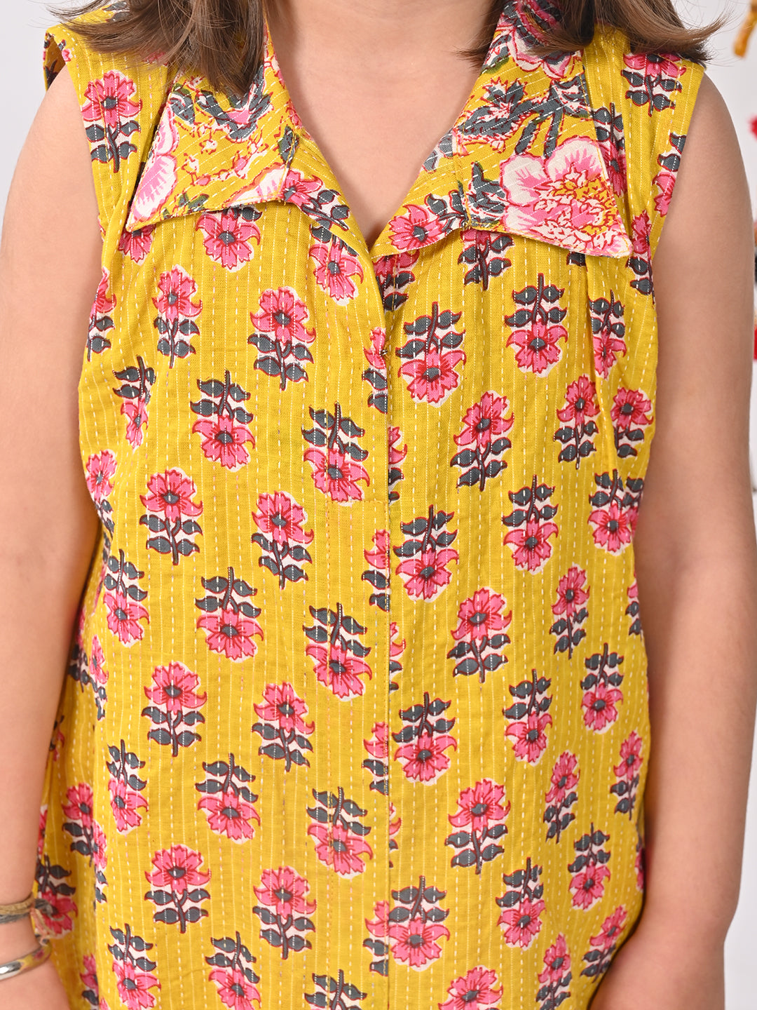 Yellow Floral shirt style Kurti with pink  dhoti