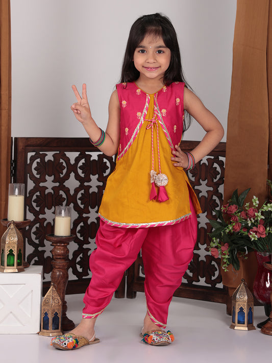 Yellow Kurti with pink embroidered attached jacket and dhoti