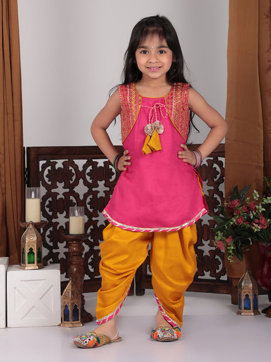 Pink embroidered attached jacket kurti with yellow dhoti