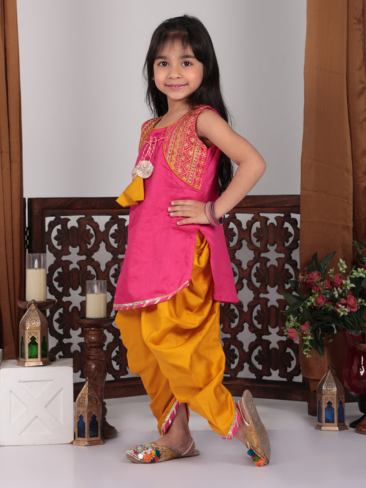 Pink embroidered attached jacket kurti with yellow dhoti