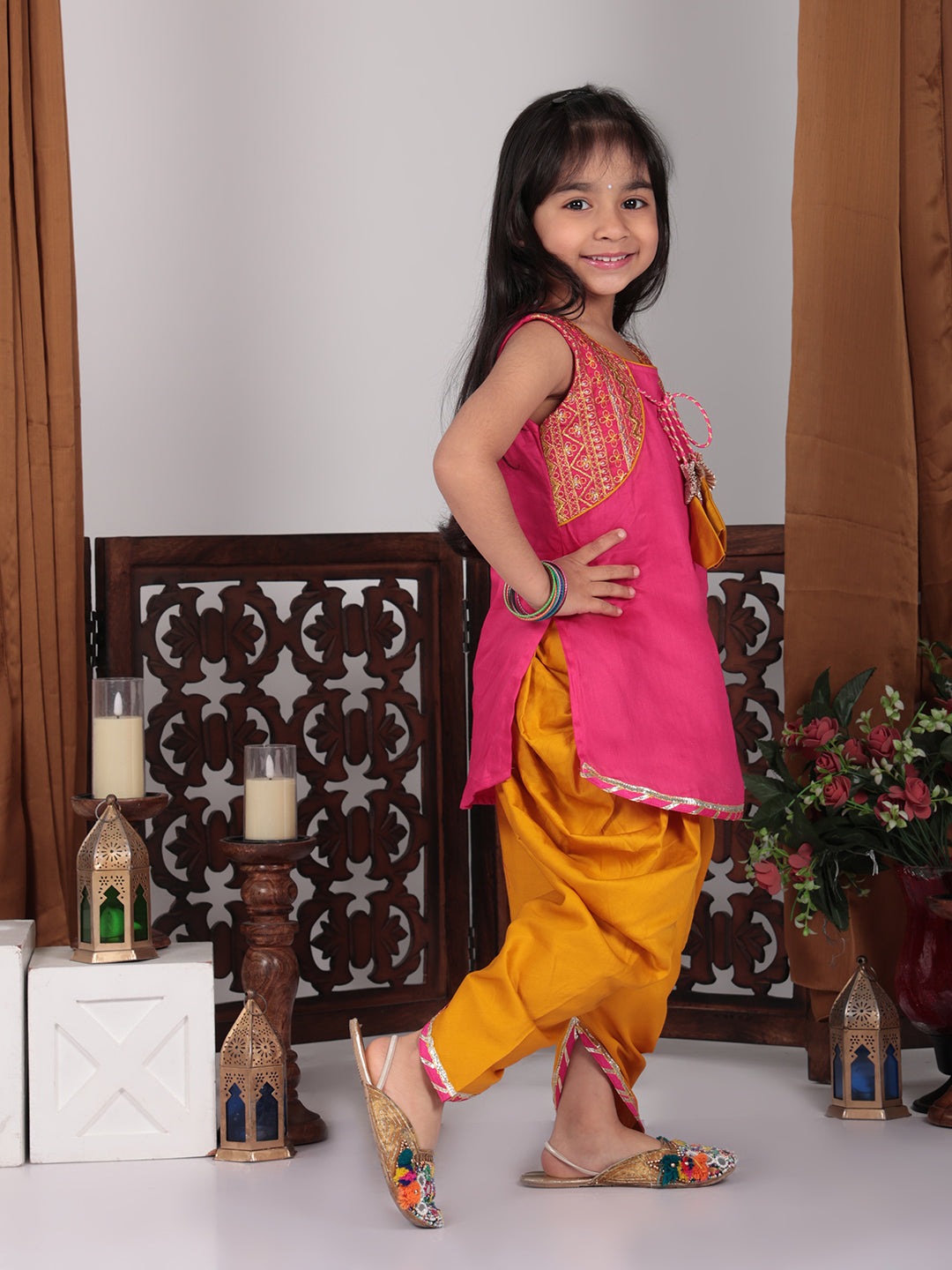 Pink embroidered attached jacket kurti with yellow dhoti
