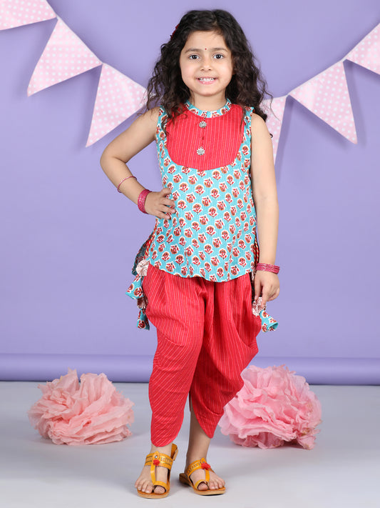 Green Floral printed Kurti with Red Dhoti