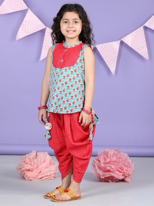 Green Floral printed Kurti with Red Dhoti