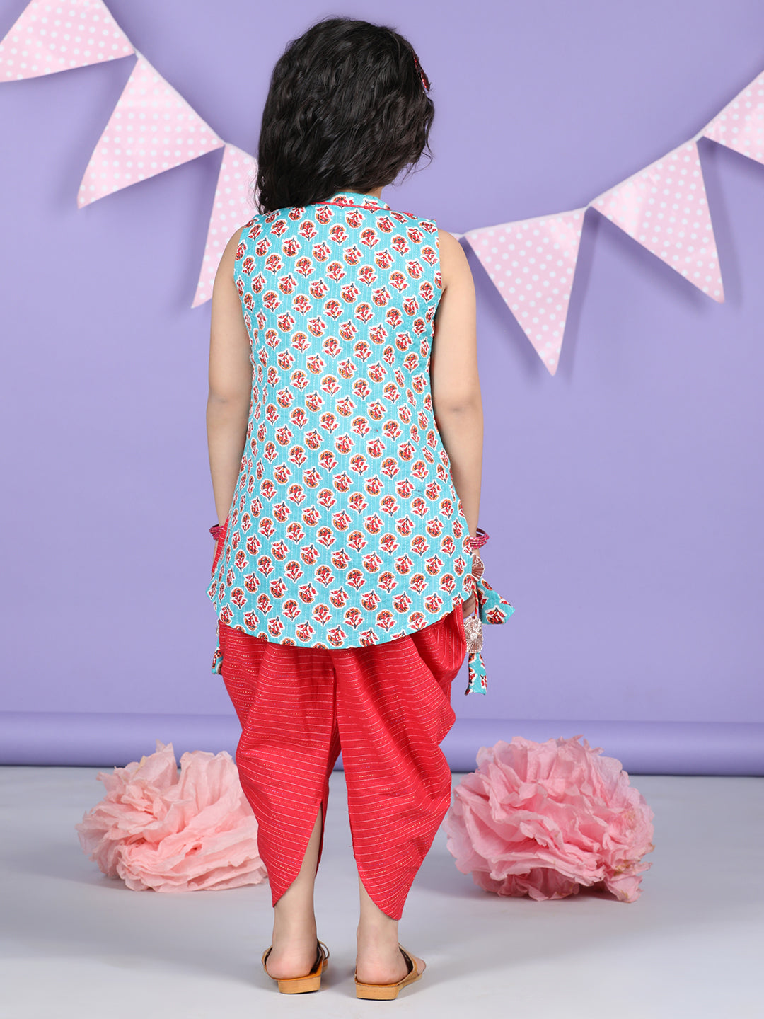Green Floral printed Kurti with Red Dhoti