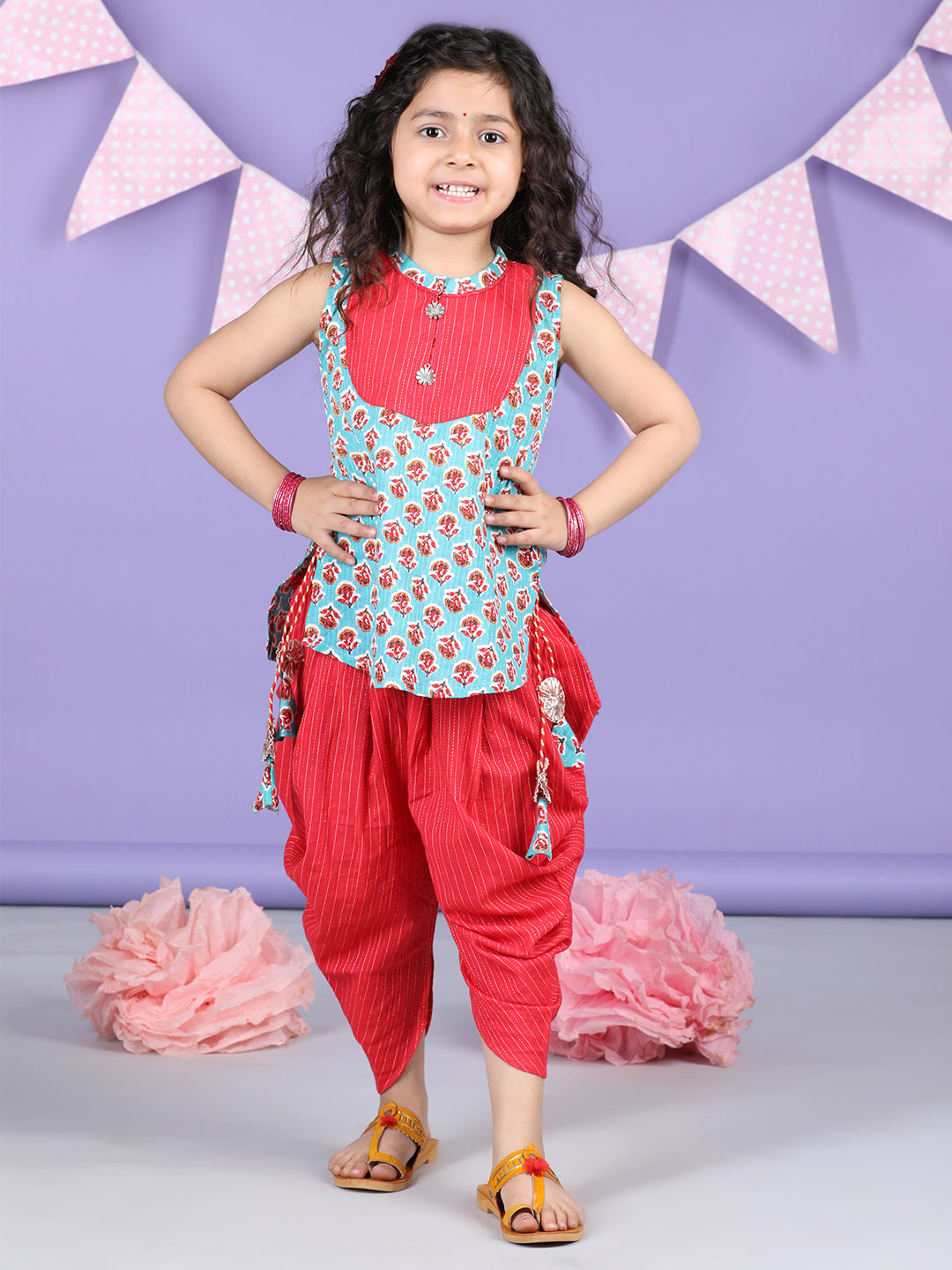 Green Floral printed Kurti with Red Dhoti