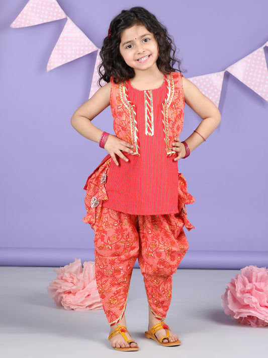 Peach Floral printed & Red Kurti Jacket dhoti set