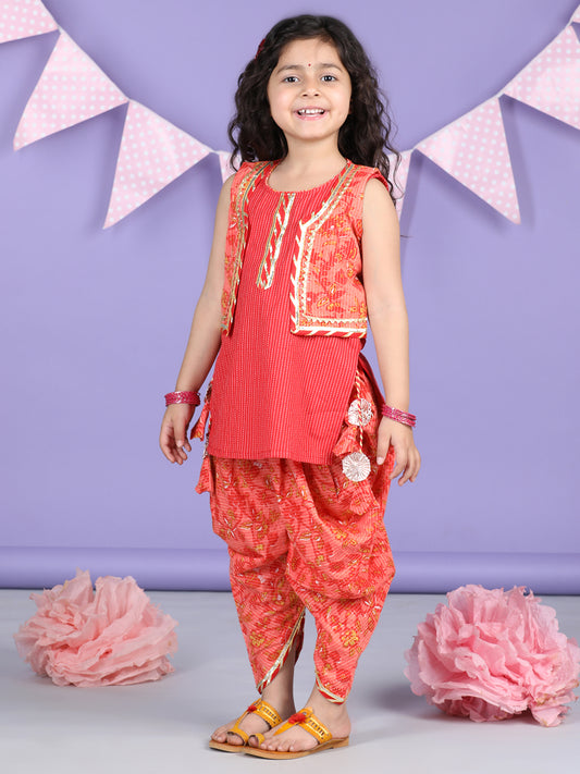Peach Floral printed & Red Kurti Jacket dhoti set