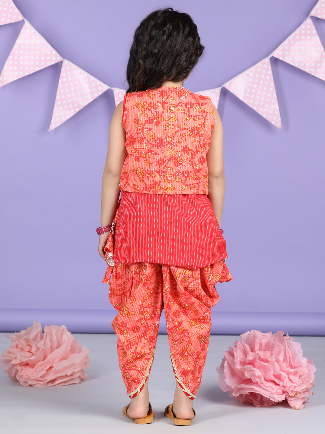Peach Floral printed & Red Kurti Jacket dhoti set