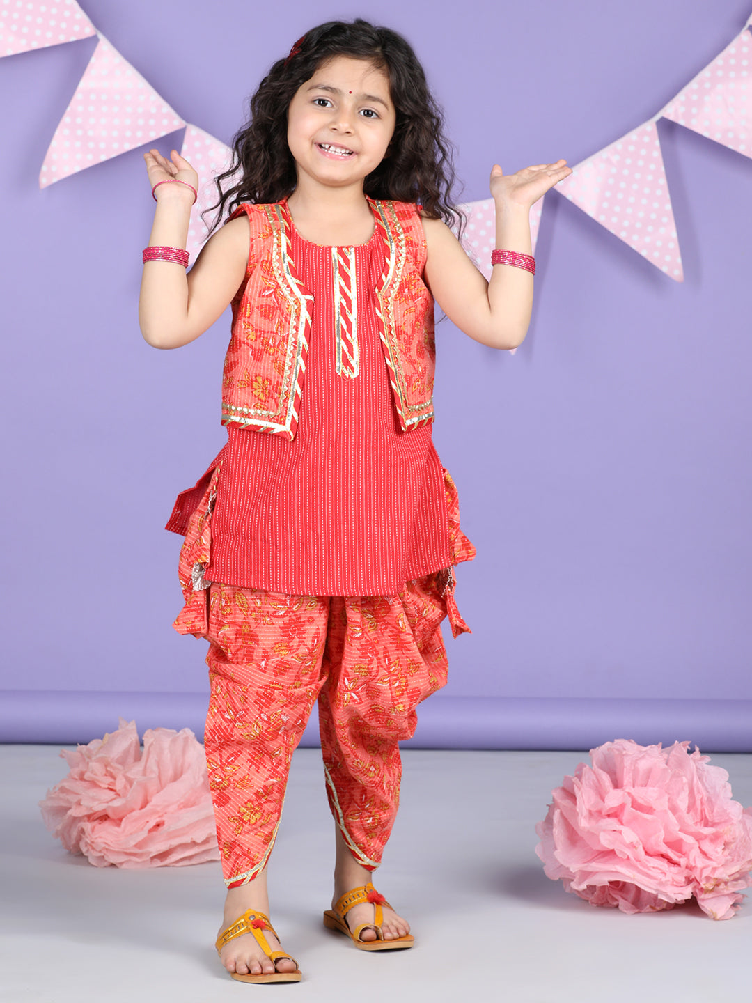 Peach Floral printed & Red Kurti Jacket dhoti set