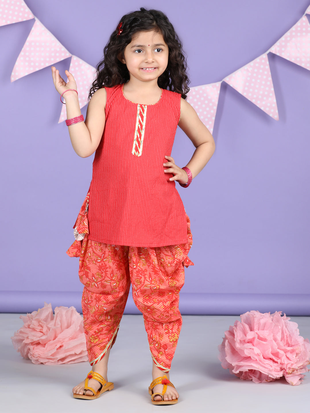 Peach Floral printed & Red Kurti Jacket dhoti set
