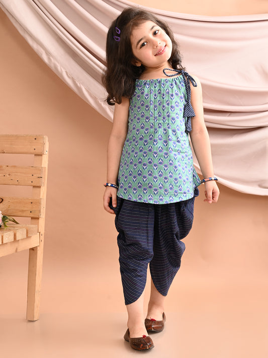 Blue Floral printed kurti with blue katha Dhoti