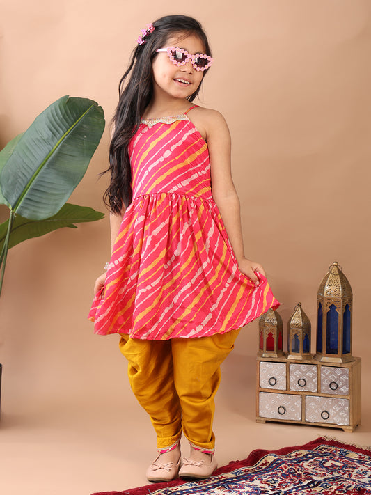 Pink Lehriya printed sleeveless Kurti paired with Yellow Dhoti