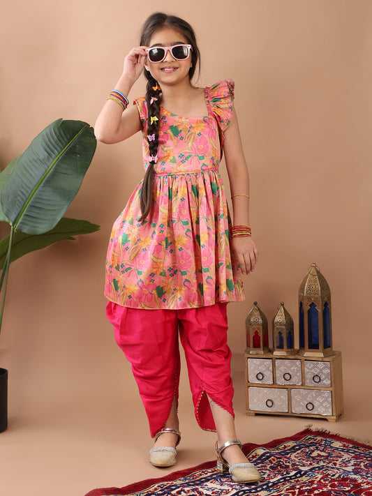 Pink Floral printed sleeveless Kurti paired with Pink Dhoti