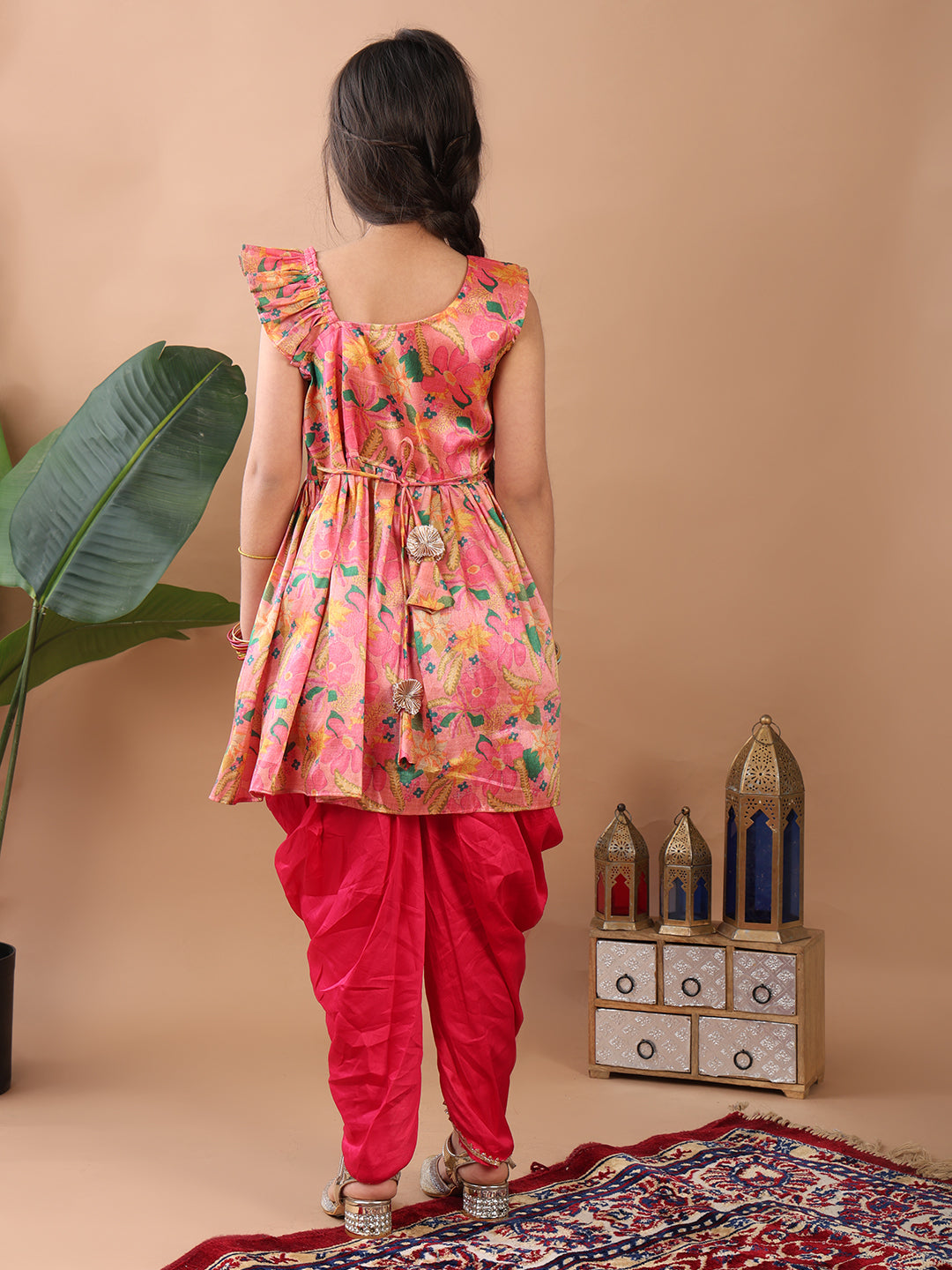 Pink Floral printed sleeveless Kurti paired with Pink Dhoti