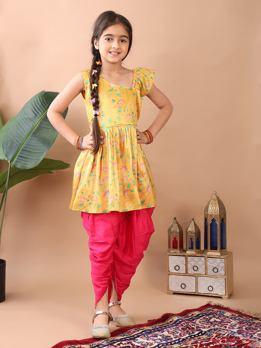 Yellow Lotus printed sleeveless Kurti paired with Pink Dhoti