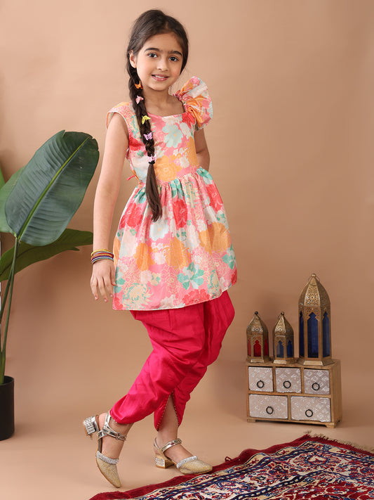 Light Pink Floral printed sleeveless Kurti paired with Pink Dhoti