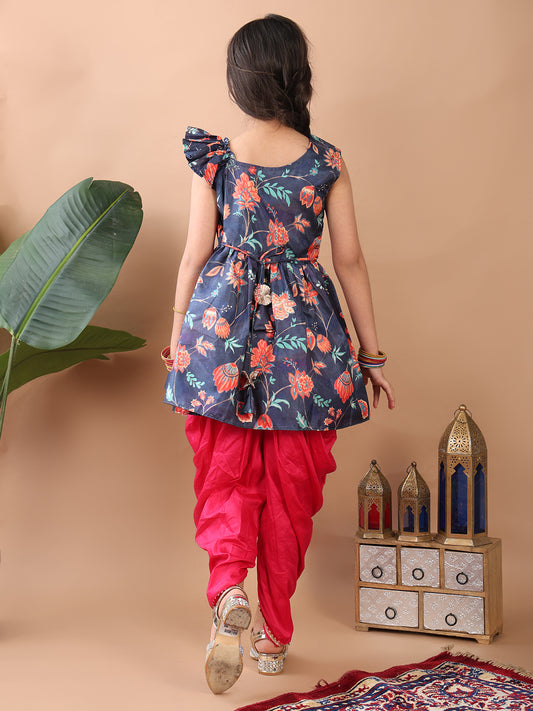 Blue Floral printed sleeveless Kurti paired with Pink Dhoti