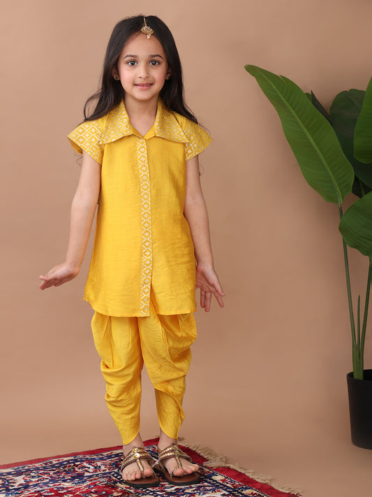 Yellow jacquard shirt Kurti paired with dhoti