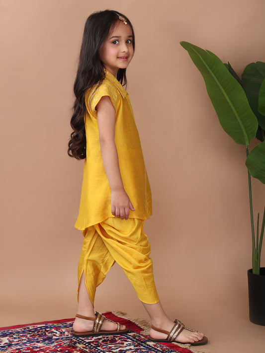 Yellow jacquard shirt Kurti paired with dhoti