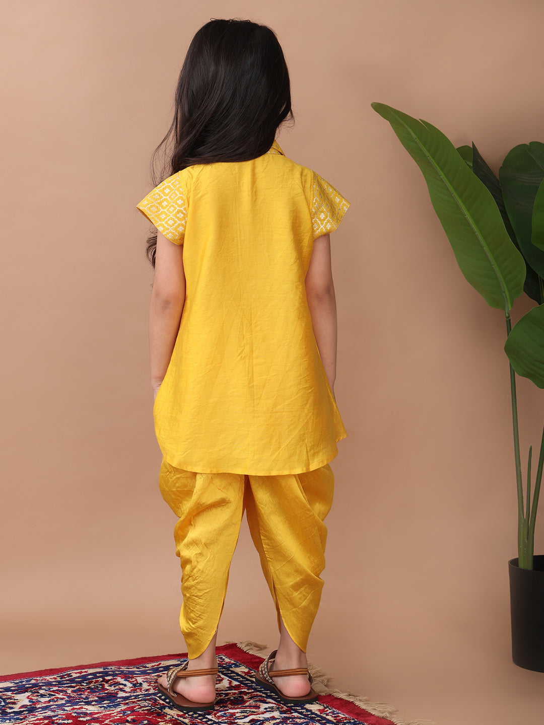 Yellow jacquard shirt Kurti paired with dhoti