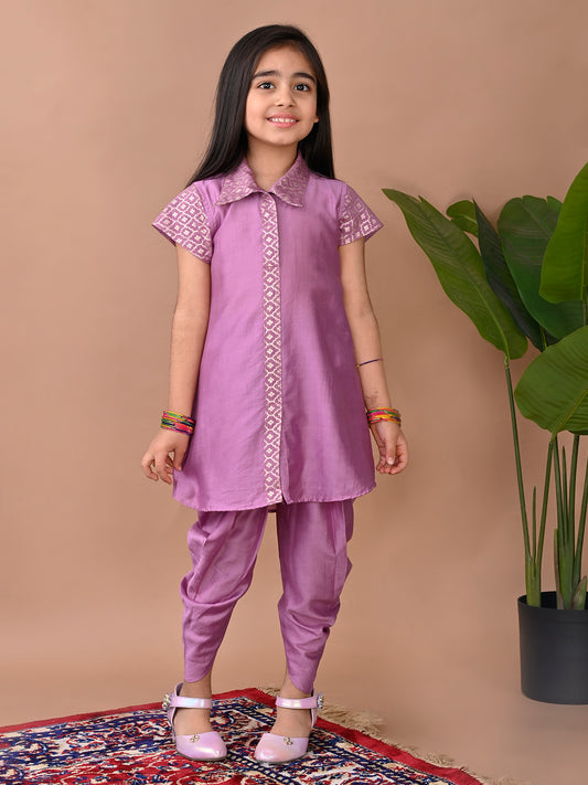 Purple jacquard shirt Kurti paired with dhoti