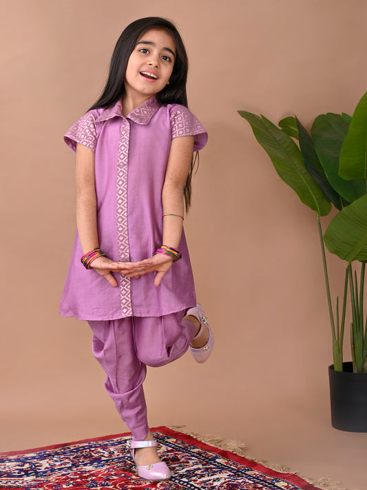 Purple jacquard shirt Kurti paired with dhoti