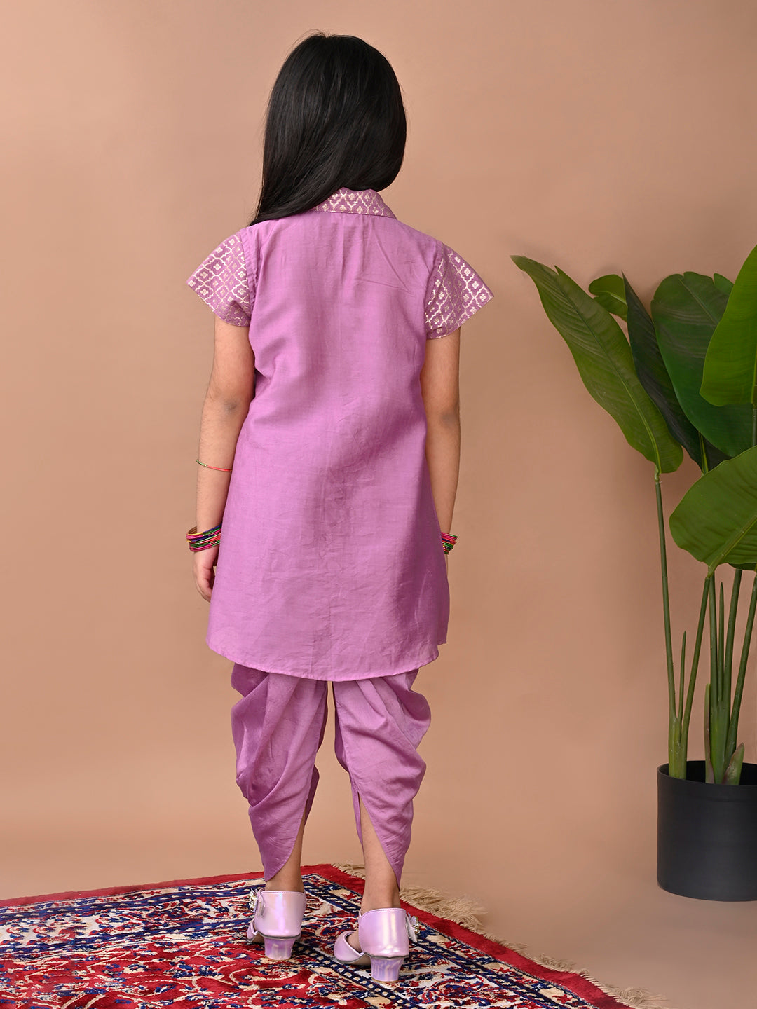 Purple jacquard shirt Kurti paired with dhoti