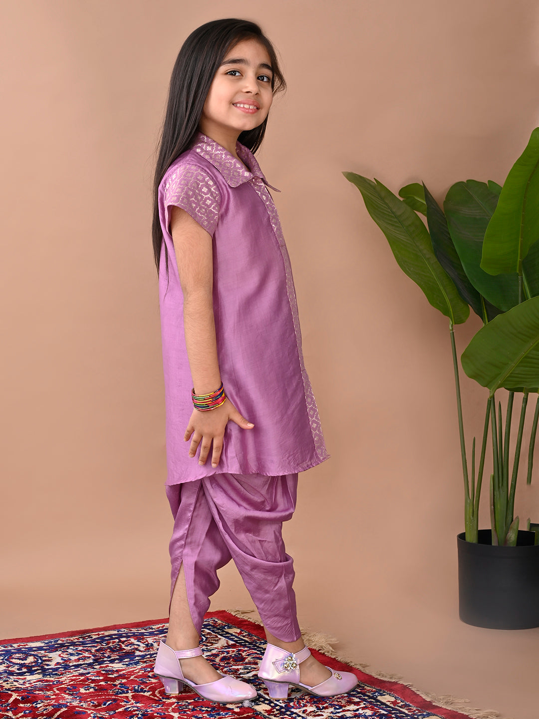 Purple jacquard shirt Kurti paired with dhoti