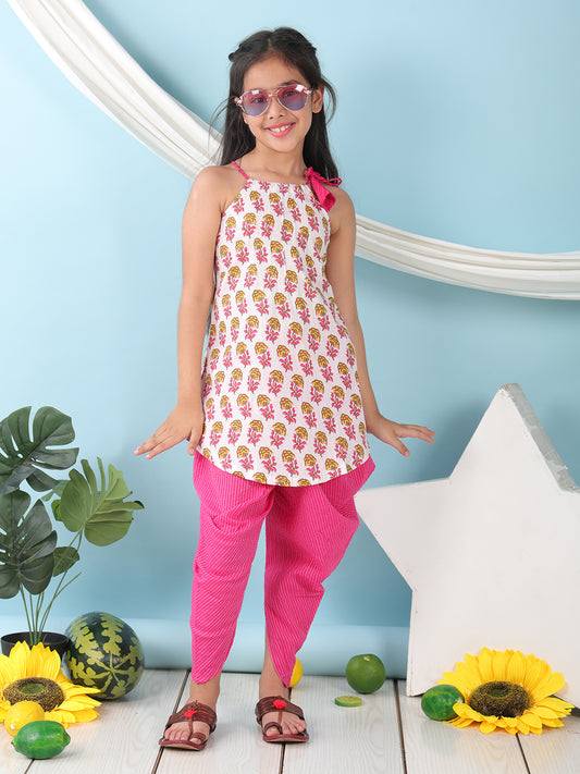 White floral sleeveless tie on Kurti with Pink Dhoti